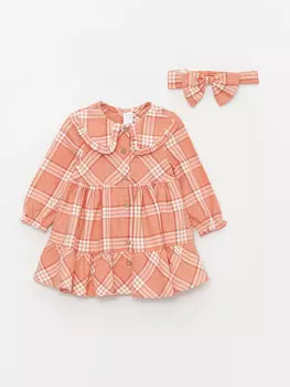 Платье для маленьких девочек с воротником и длинными рукавами, комплект из 2 шт. LCW baby, розовый с принтом