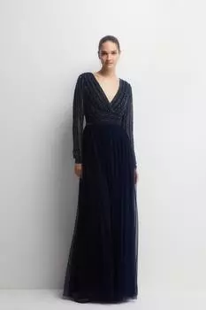 Платье для подружек невесты с длинными рукавами из смешанного бисера два в одном Coast, темно-синий