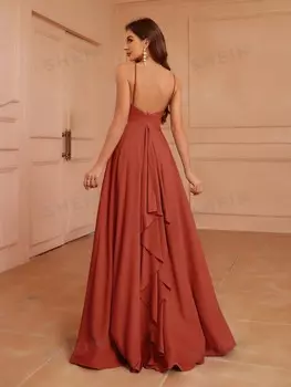 Платье для подружки невесты Belle для взрослых, круглый вырез, низкая спинка, подвернутая талия, расклешенный низ Оборчатый подол юбки асимметричен Shein, ржаво-коричневый