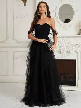Платье для подружки невесты Belle, открытое плечо, сетка Shein, черный