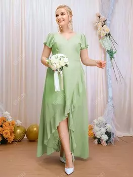 Платье для подружки невесты Belle Plus, рукава-бабочки, оборчатый низ, дизайн спереди, шифон Shein, лайм