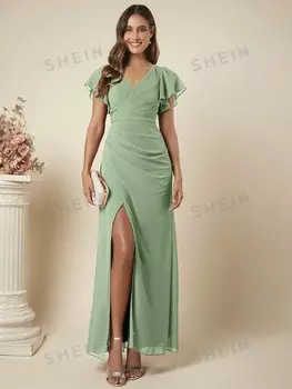 Платье для подружки невесты Belle, v-образный вырез, кружевная отделка, рукава плиссе, высокий разрез Shein, мятно-зеленый