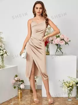 Платье для подружки невесты Belle, высокий разрез, детали с запахом Shein, шампанское