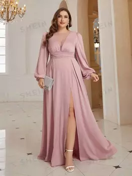 Платье для подружки невесты больших размеров Belle, сетка, высокий разрез, рукава-фонарики Shein, пастельно-розовый