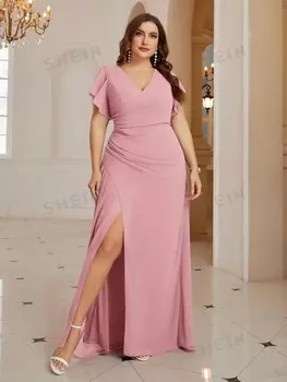 Платье для подружки невесты больших размеров Belle, шифон, с запахом на груди, складками на талии, разрезом внизу Shein, пастельно-розовый