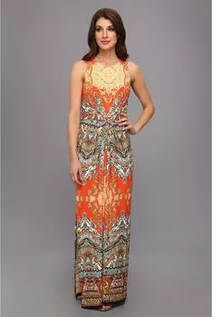 Платье Donna Morgan Matte Jersey Sleeveless Maxi with Embroidery and Front Tucks, цвет Orange Multi