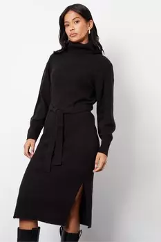 Платье джемпер миди с поясом и воротником стойкой Threadbare, черный