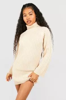 Платье-джемпер Petite с высоким воротником и широкими рукавами boohoo, бежевый
