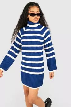Платье-джемпер в полоску Petite с высоким воротником и широкими рукавами boohoo, темно-синий