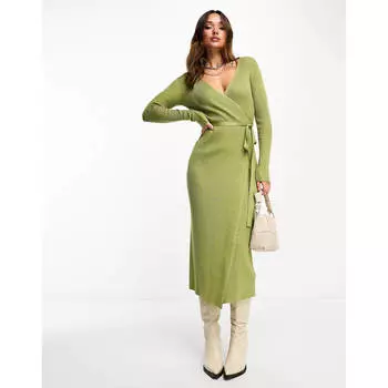 Платье Edited Tie Waist Knitted Midi, оливковый