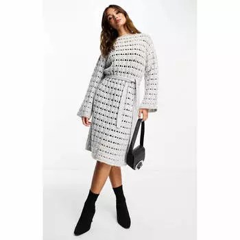 Платье Edited Tie Waist Open Knit Midi Jumper, светло-серый