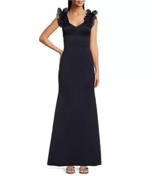 Платье Eliza J Petite Size без рукавов с v-образным вырезом и рюшами на плечах, расклешенное платье с аквалангом, синий