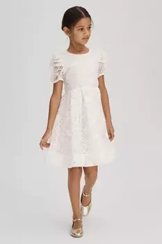 Платье Emelie с кружевными рукавами фонариками Reiss, белый