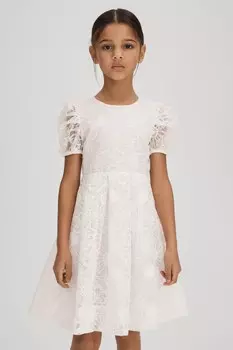 Платье Emelie с кружевными рукавами фонариками Reiss, белый
