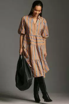 Платье English Factory миди с короткими рукавами, коричневый