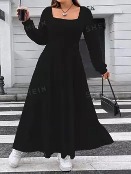 Платье EZwear Plus, квадратный вырез, рукава-фонарики Shein, черный