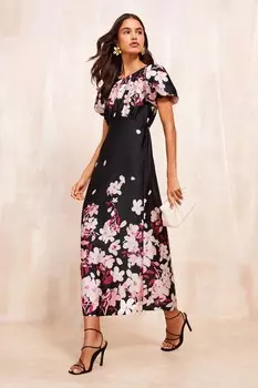 Платье фонарик миди с короткими рукавами и разрезом сбоку Friends Like These, черный