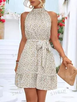 Платье французское Shein с цветочным принтом и поясом, белый / желтый