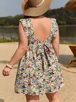Платье Frenchy Plus, цветочный принт, завязка на спине, рюши Shein, мультиколор
