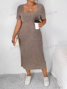 Платье Frenchy Plus, квадратный вырез, высокий разрез, ткань в рубчик Shein, хаки