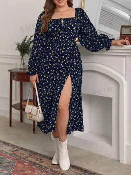 Платье Frenchy Plus, мелкий цветочный узор Вшитые рукава плиссе, высокий разрез Shein, темно-синий