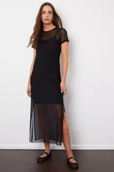 Платье футболка макси из прозрачной сетки с комбинацией на бретелях Threadbare, черный