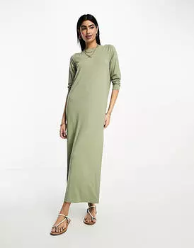 Платье-футболка макси с длинными рукавами ASOS DESIGN хаки