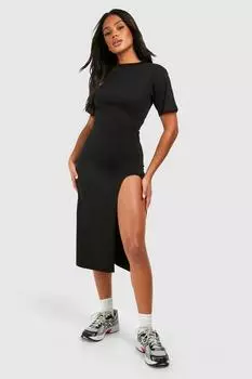 Платье-футболка Midaxi с высоким разрезом boohoo, черный