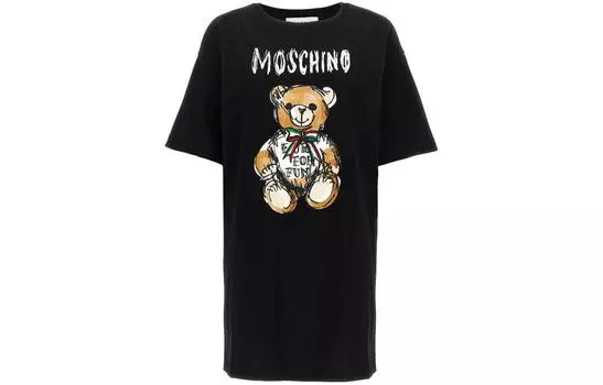Платье-футболка миди с круглым вырезом и принтом плюшевого мишки MOSCHINO, черный