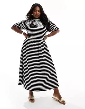 Платье-футболка миди с присборенной грудью в однотонную полоску ASOS DESIGN Curve