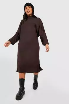 Платье-футболка миди с высоким воротом и разрезом Boohoo, шоколадный