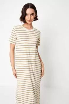 Платье-футболка миди в полоску-трапецию Oasis, бежевый