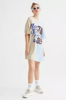 Платье-футболка оверсайз H&M, голубой/светло-бежевый