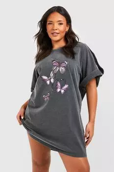 Платье-футболка Plus Butterfly Acid Wash boohoo, серый