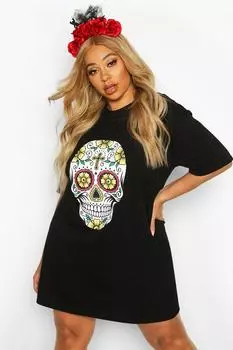 Платье-футболка с сахарным черепом на хэллоуин Boohoo, черный