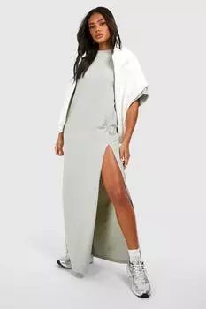 Платье-футболка с высоким разрезом и узлом boohoo, зеленый