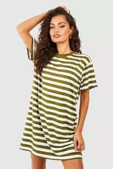 Платье-футболка в полоску оверсайз Boohoo, оливковый
