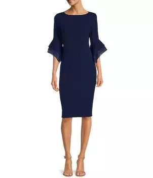 Платье-футляр Adrianna Papell из эластичного крепа с рукавами 3/4 и вырезом лодочкой, синий