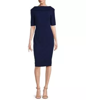 Платье-футляр Adrianna Papell с V-образным вырезом и отложным воротником и короткими рукавами, синий
