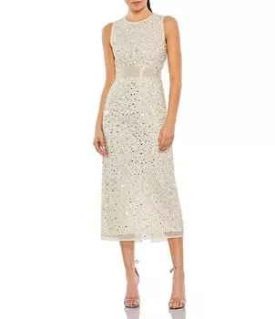 Платье-футляр без рукавов Mac Duggal с круглым вырезом и бисером, бежевый