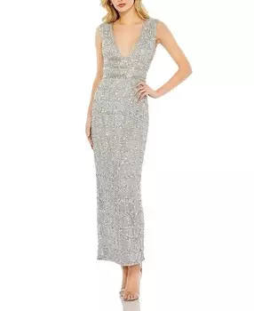 Платье-футляр без рукавов Mac Duggal с бисером и длиной до колена, серебряный