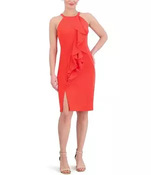 Платье-футляр без рукавов с рюшами и боковыми разрезами спереди Vince Camuto, оранжевый