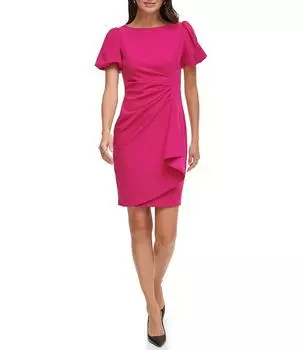 Платье-футляр DKNY из эластичного крепа с вырезом лодочкой, короткими рукавами-фонариками и рюшами спереди, розовый
