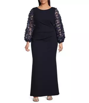 Платье-футляр Eliza J размера плюс с 3D цветочной аппликацией и рукавами-воздушными шарами 3/4, круглым вырезом, синий