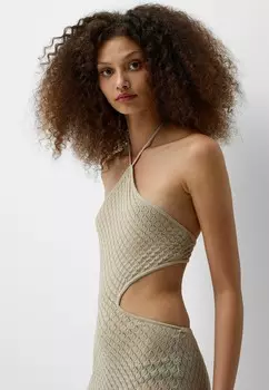 Платье-футляр HALTER WITH CUT-OUT DETAIL MIDI Bershka, песочный