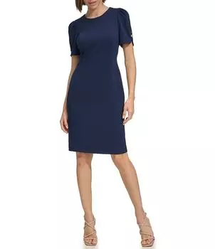 Платье-футляр из эластичного крепа DKNY с круглым вырезом и короткими рукавами на пуговицах, синий