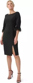 Платье-футляр из эластичного крепа с рукавом 3/4 и отделкой из перьев Adrianna Papell, черный