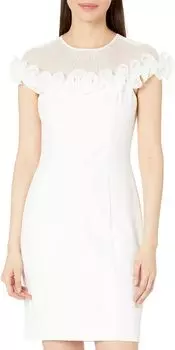 Платье-футляр из эластичного крепа с иллюзорным вырезом и рюшами Adrianna Papell, слоновая кость