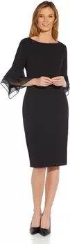 Платье-футляр из эластичного крепа с многоярусным рукавом-колокольчиком из органзы Adrianna Papell, черный