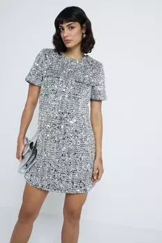 Платье футляр из букле River Island, серебряный